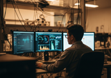 An engineer at a workstation in a modern research lab with multiple monitors showing data visualizations, warm overhead lighting