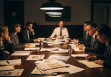 A newspaper editorial boardroom with people in business attire seated around a long wooden conference table covered in papers, warm pendant lighting