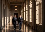 Two legislators in suits walking through a marble hallway in the US Capitol building, warm afternoon light streaming through tall windows