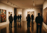 Visitors contemplating large paintings in a contemporary art gallery with warm track lighting and polished concrete floor
