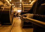 A technician inspecting thick fiber optic submarine cables in an industrial cable landing station with warm overhead lighting