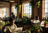 Young African developers working at laptops in a vibrant Nairobi coworking space with exposed brick walls, plants, and warm natural light